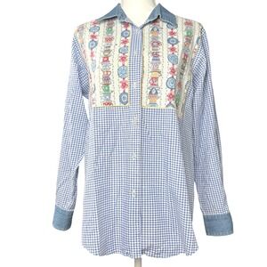 Vintage Quacker Factory Patchwork Shirt Denim Collar Gingham Womens XL